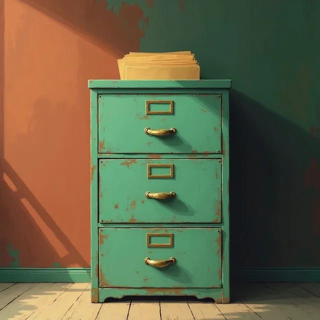 A mint-green filing cabinet with a drawer open