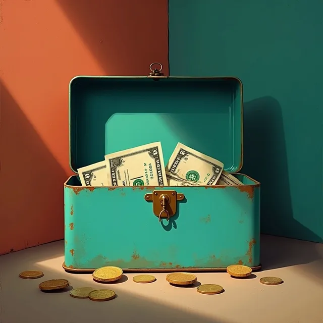 A turquoise cash box with coins inside