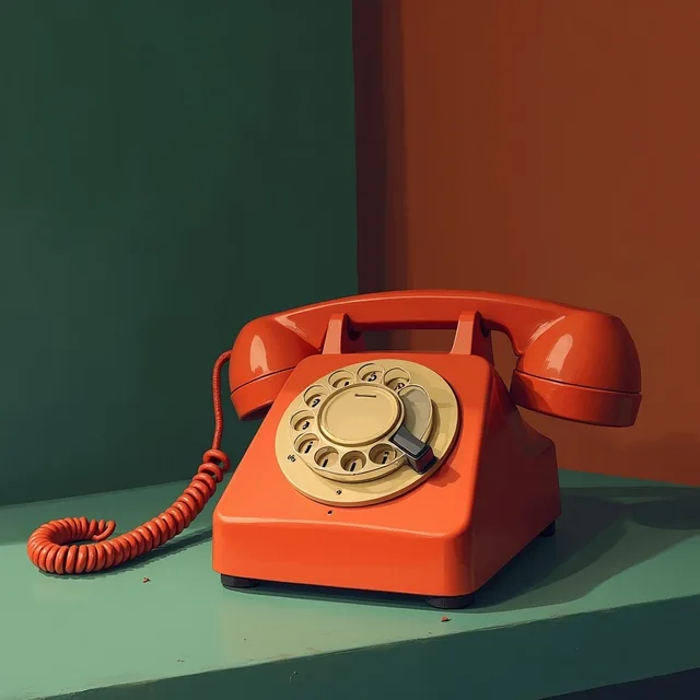 A coral rotary telephone mid-ring