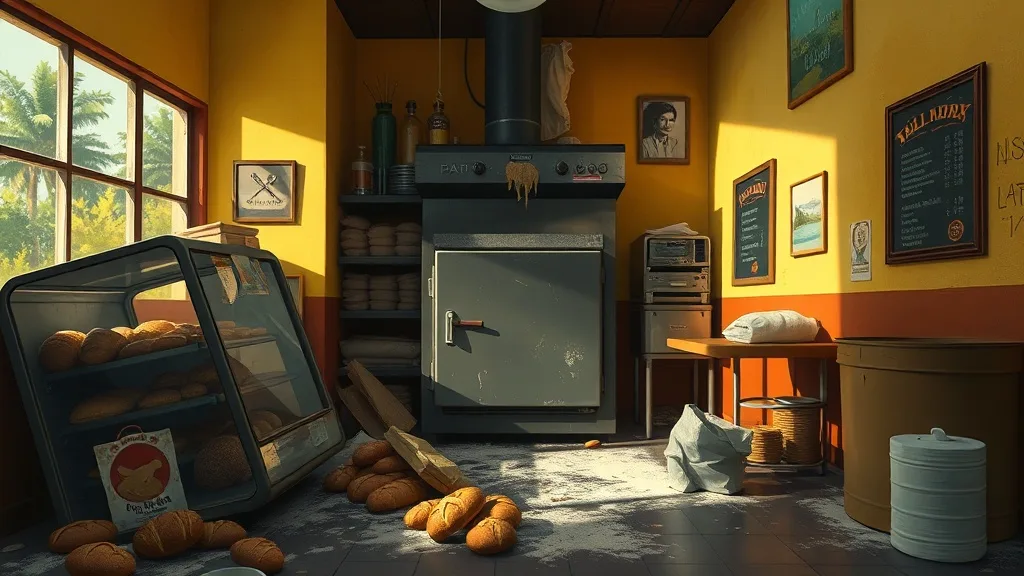 The bakery the morning after the break-in: flour in the sunlight, the oven smashed